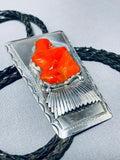 One Of The Chunkiest Ever Coral Vintage Native American Navajo Sterling Silver Bolo Tie-Nativo Arts