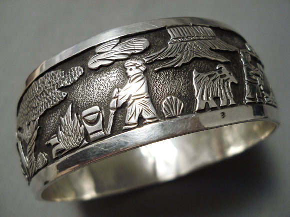 One Of The Most Detailed Vintage Native American Navajo Sterling Silver Bracelet Bangle-Nativo Arts