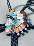 One Of The Most Detailed Vintage Native American Navajo Turquoise Sterling Silver Chief Bolo Tie-Nativo Arts