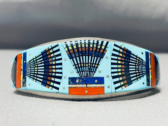 One Of The Most Time Consuming Inlay Native American Navajo Turquoise Sterling Silver Bracelet-Nativo Arts