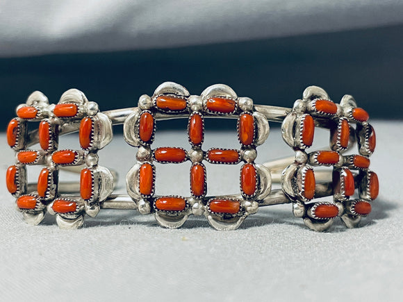One Of The Most Unique Formation Vintage Native American Navajo Coral Sterling Silver Bracelet-Nativo Arts