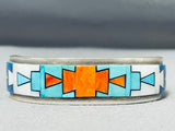 One Of The Most Unique Vintage Native American Navajo Turquoise Inlay Sterling Silver Bracelet-Nativo Arts