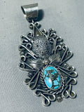 Ornate Native American Navajo Old Kingman Turquoise Sterling Silver Buffalo Pendant-Nativo Arts