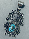 Ornate Native American Navajo Old Kingman Turquoise Sterling Silver Buffalo Pendant-Nativo Arts