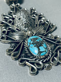 Ornate Native American Navajo Old Kingman Turquoise Sterling Silver Buffalo Pendant-Nativo Arts
