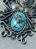Ornate Native American Navajo Old Kingman Turquoise Sterling Silver Buffalo Pendant-Nativo Arts