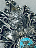 Ornate Native American Navajo Old Kingman Turquoise Sterling Silver Buffalo Pendant-Nativo Arts