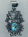 Ornate Native American Navajo Old Kingman Turquoise Sterling Silver Buffalo Pendant-Nativo Arts