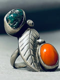 Outstanding Native American Navajo Signed Turquoise Coral Sterling Silver Ring-Nativo Arts