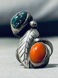 Outstanding Native American Navajo Signed Turquoise Coral Sterling Silver Ring-Nativo Arts