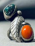 Outstanding Native American Navajo Signed Turquoise Coral Sterling Silver Ring-Nativo Arts