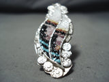 Outstanding Native American Zuni Inlay Textured Turquoise Coral Sterling Silver Feather Ring-Nativo Arts