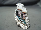 Outstanding Native American Zuni Inlay Textured Turquoise Coral Sterling Silver Feather Ring-Nativo Arts
