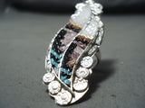Outstanding Native American Zuni Inlay Textured Turquoise Coral Sterling Silver Feather Ring-Nativo Arts