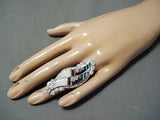 Outstanding Native American Zuni Inlay Textured Turquoise Coral Sterling Silver Feather Ring-Nativo Arts