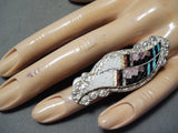 Outstanding Native American Zuni Inlay Textured Turquoise Coral Sterling Silver Feather Ring-Nativo Arts
