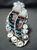Outstanding Native American Zuni Inlay Textured Turquoise Coral Sterling Silver Feather Ring-Nativo Arts