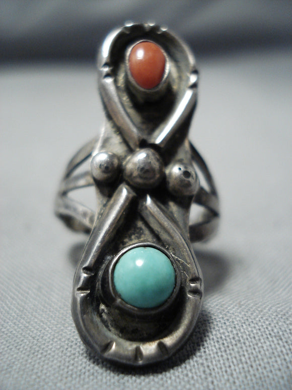 Outstanding Vintage Native American Navajo Turquoise Coral Sterling Silver Ring-Nativo Arts