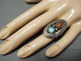 Outstanding Vintage Native American Navajo Turquoise Coral Sterling Silver Shadowbox Ring-Nativo Arts