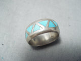 Outstanding Vintage Navajo Native American Turquoise Inlay Sterling Silver Ring-Nativo Arts
