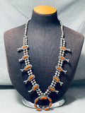 Powerful Women's Vintage Native American Navajo Coral Sterling Silver Squash Blossom Necklace-Nativo Arts