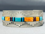 Pueblo Hand Hammered Vintage Native American Navajo Turquoise Inlay Sterling Silver Bracelet-Nativo Arts