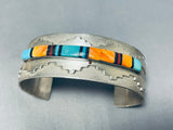 Pueblo Hand Hammered Vintage Native American Navajo Turquoise Inlay Sterling Silver Bracelet-Nativo Arts