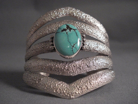 Quad Tier Navajo Spiderweb Turquoise Native American Jewelry Silver Navajo Heavy Bracelet-Nativo Arts