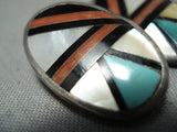 Quality Detailed Vintage Native American Zuni Turquoise Coral Sterling Silver Earrings-Nativo Arts