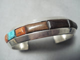 Quality Heavy Vintage Native American Navajo Coral Turquoise Sterling Silver Wood Bracelet-Nativo Arts