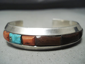 Quality Heavy Vintage Native American Navajo Coral Turquoise Sterling Silver Wood Bracelet-Nativo Arts