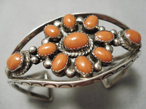 Quality Vintage Native American Navajo Flower Coral Sterling Silver Bracelet Old-Nativo Arts