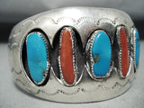 Quality Vintage Native American Navajo Long Coral Turquoise Sterling Silver Bracelet-Nativo Arts