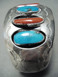 Quality Vintage Native American Navajo Long Coral Turquoise Sterling Silver Bracelet-Nativo Arts