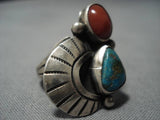 Quality Vintage Native American Navajo Pilot Mountain Turquoise Sterling Silver Coral Ring Old-Nativo Arts