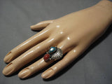 Quality Vintage Native American Navajo Pilot Mountain Turquoise Sterling Silver Coral Ring Old-Nativo Arts