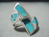 Rare Adjustable Inlay Vintage Native American Navajo Turquoise Sterling Silver Ring-Nativo Arts
