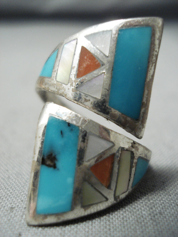 Rare Adjustable Vintage Native American Zuni Turquoise Coral Sterling Silver Ring-Nativo Arts