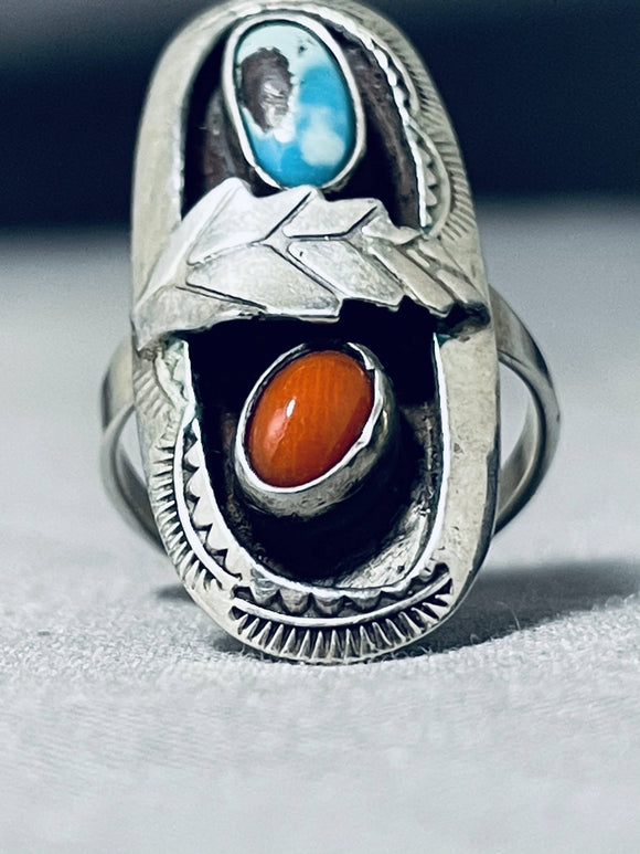 Rare Bisbee Turquoise Vintage Native American Navajo Coral Sterling Silver Ring-Nativo Arts