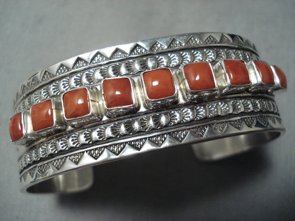 Rare Cubed Coral Vintage Native American Navajo Detailed Sterling Silver Bracelet-Nativo Arts