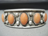 Rare Domed Coral Vintage Native American Navajo Sterling Silver Bracelet Old-Nativo Arts