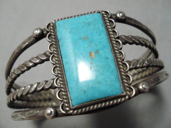 Rare Double Coil Vintage Native American Navajo Pilot Mntn Turquoise Sterling Silver Bracelet-Nativo Arts