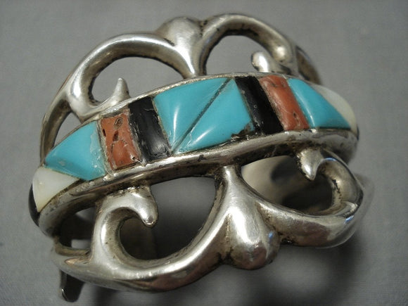 Rare Double Technique Vintage Native American Jewelry Navajo Turquoise Inlay Sterling Silver Bracelet-Nativo Arts