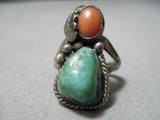 Rare Early Vintage Native American Navajo Green Turquoise Coral Sterling Silver Leaf Ring-Nativo Arts