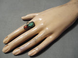 Rare Early Vintage Native American Navajo Green Turquoise Coral Sterling Silver Leaf Ring-Nativo Arts