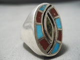 Rare Flat Inlay Vintage Native American Navajo Turquoise Coral Swirling Sterling Silver Ring Old-Nativo Arts