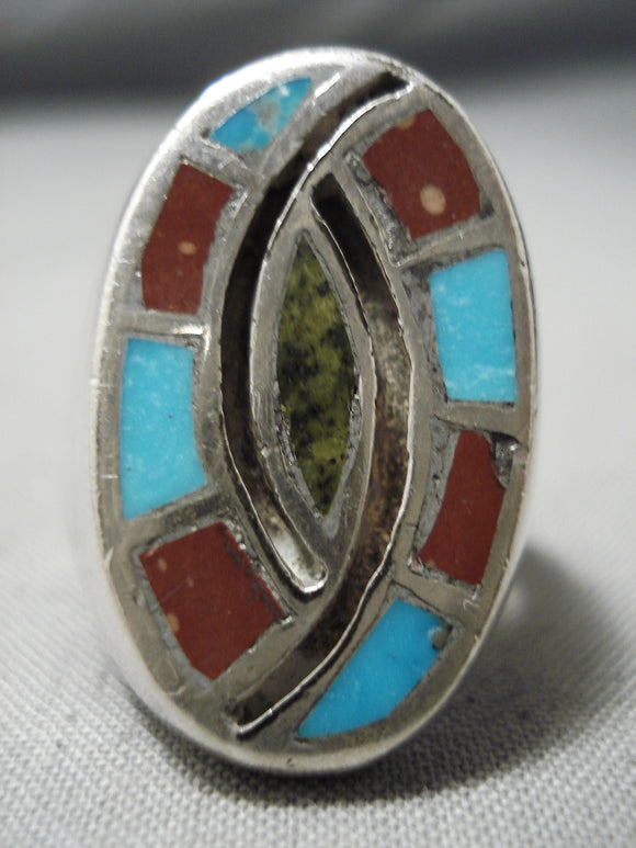 Rare Flat Inlay Vintage Native American Navajo Turquoise Coral Swirling Sterling Silver Ring Old-Nativo Arts