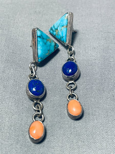 Rare Lone Mountain Turquoise Vintage Native American Navajo Sterling Silver Earrings-Nativo Arts