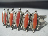 Rare Long Coral Vintage Native American Navajo Sterling Silver Bracelet Old-Nativo Arts