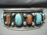 Rare Old Deposit #8 Turquoise Vintage Native American Navajo Coral Sterling Silver Bracelet-Nativo Arts